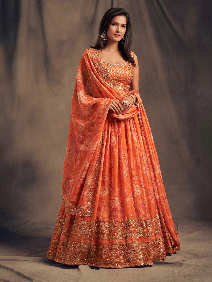 Embroidered Organza Lehenga With Choli &amp; Dupatta