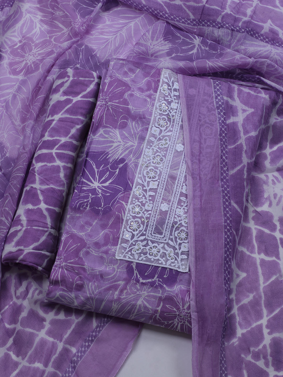 Patch Neck Cotton Blend Unstitched Suit With Dupatta