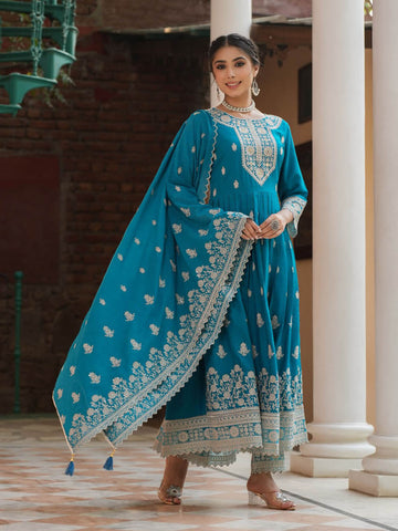 Resham Embroidery Cotton Blend Kurta With Pants & Dupatta