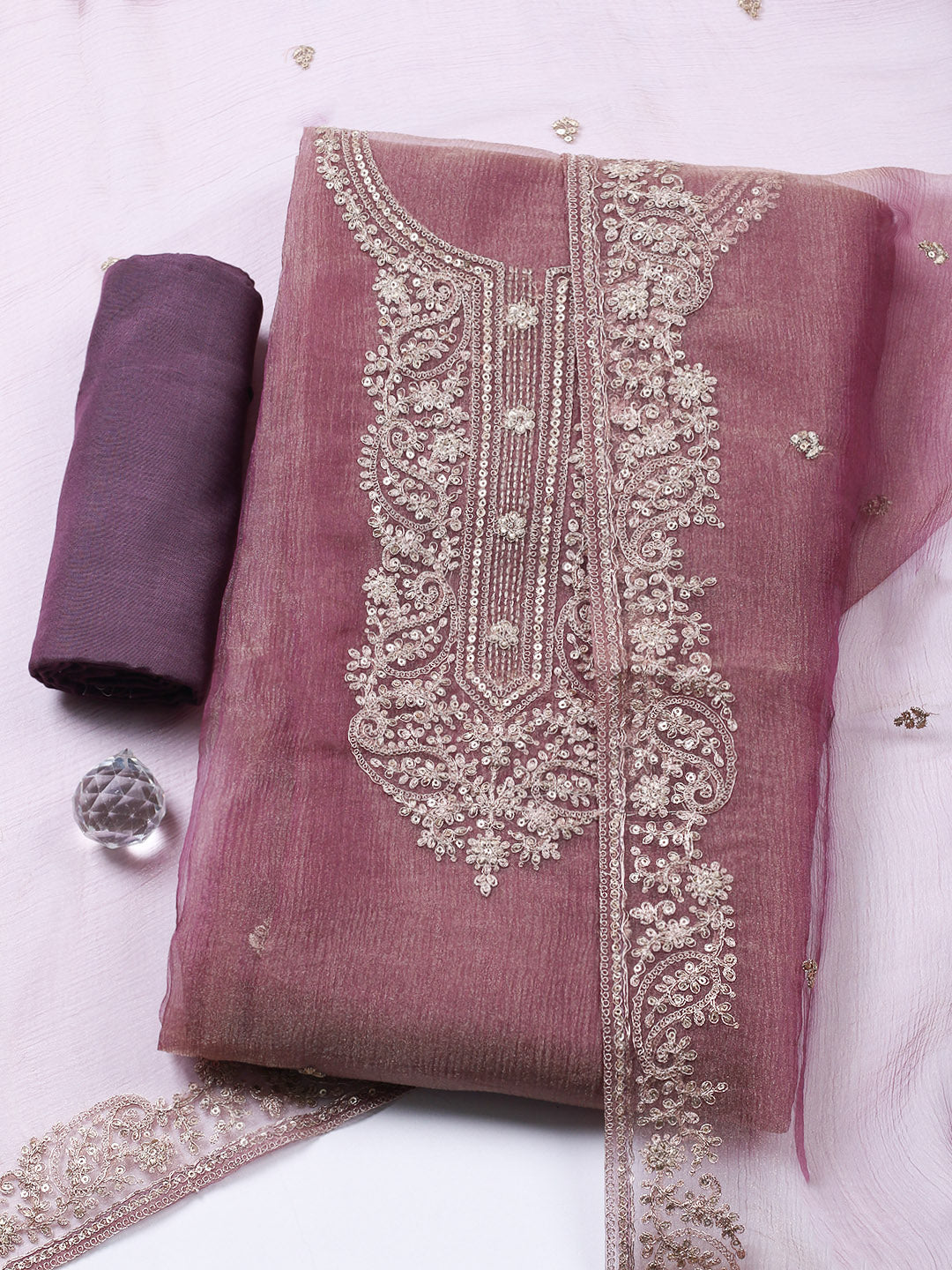Embroidered Tissue Unstitched Suit With Pant &amp; Dupatta
