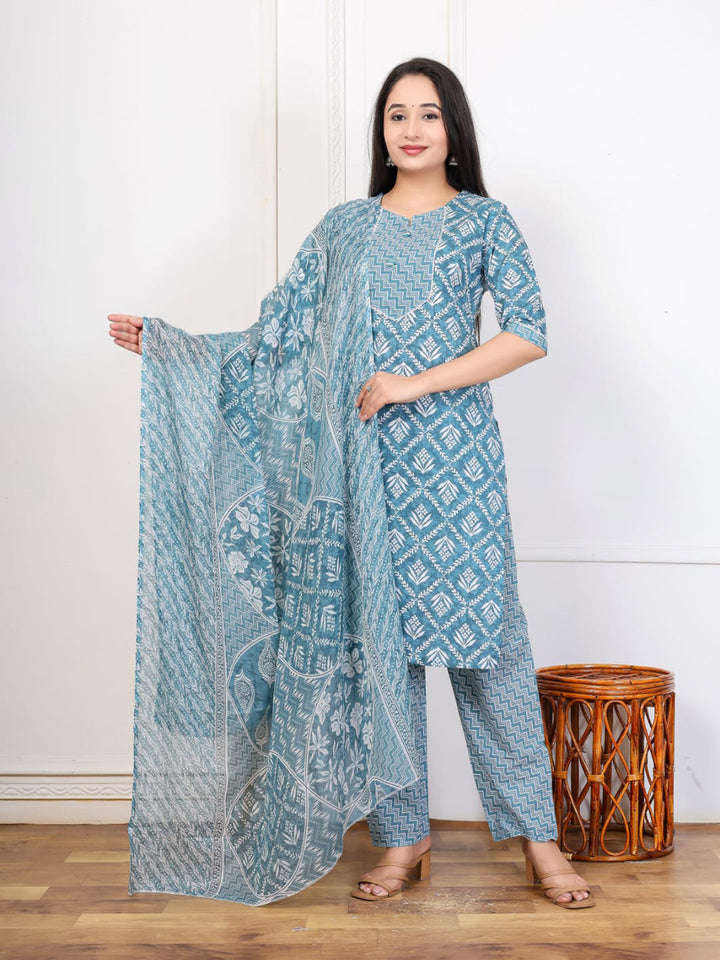 Blue Embroidered Cotton Blend Straight Suit Set With Dupatta