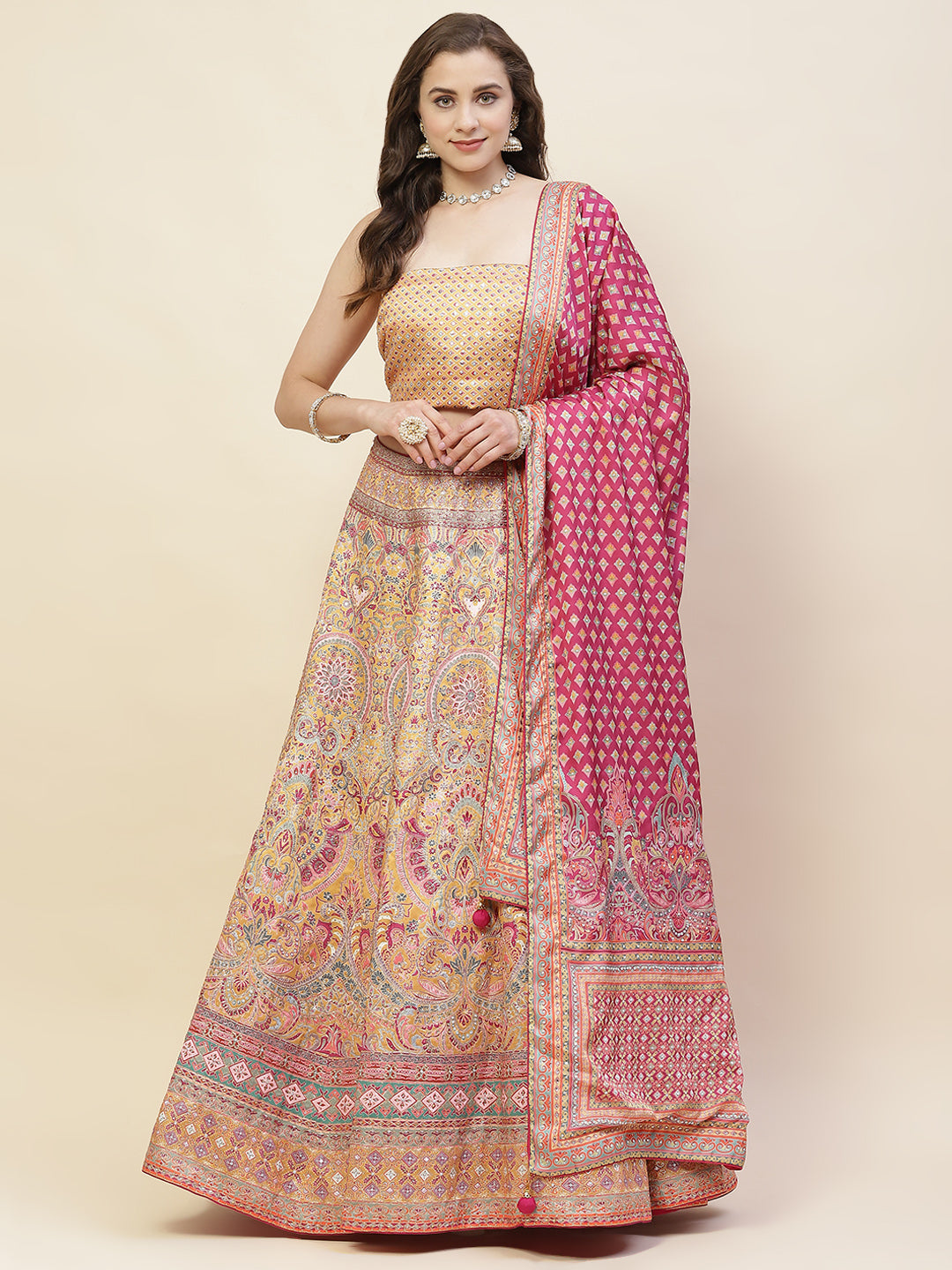 Printed & Thread Embroidered Choli With Unstitched Lehenga & Dupatta