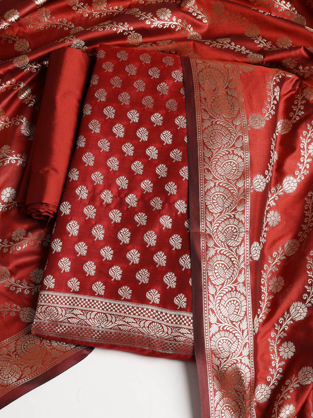 Woven Banarasi Chanderi Unstitched Suit With Dupatta