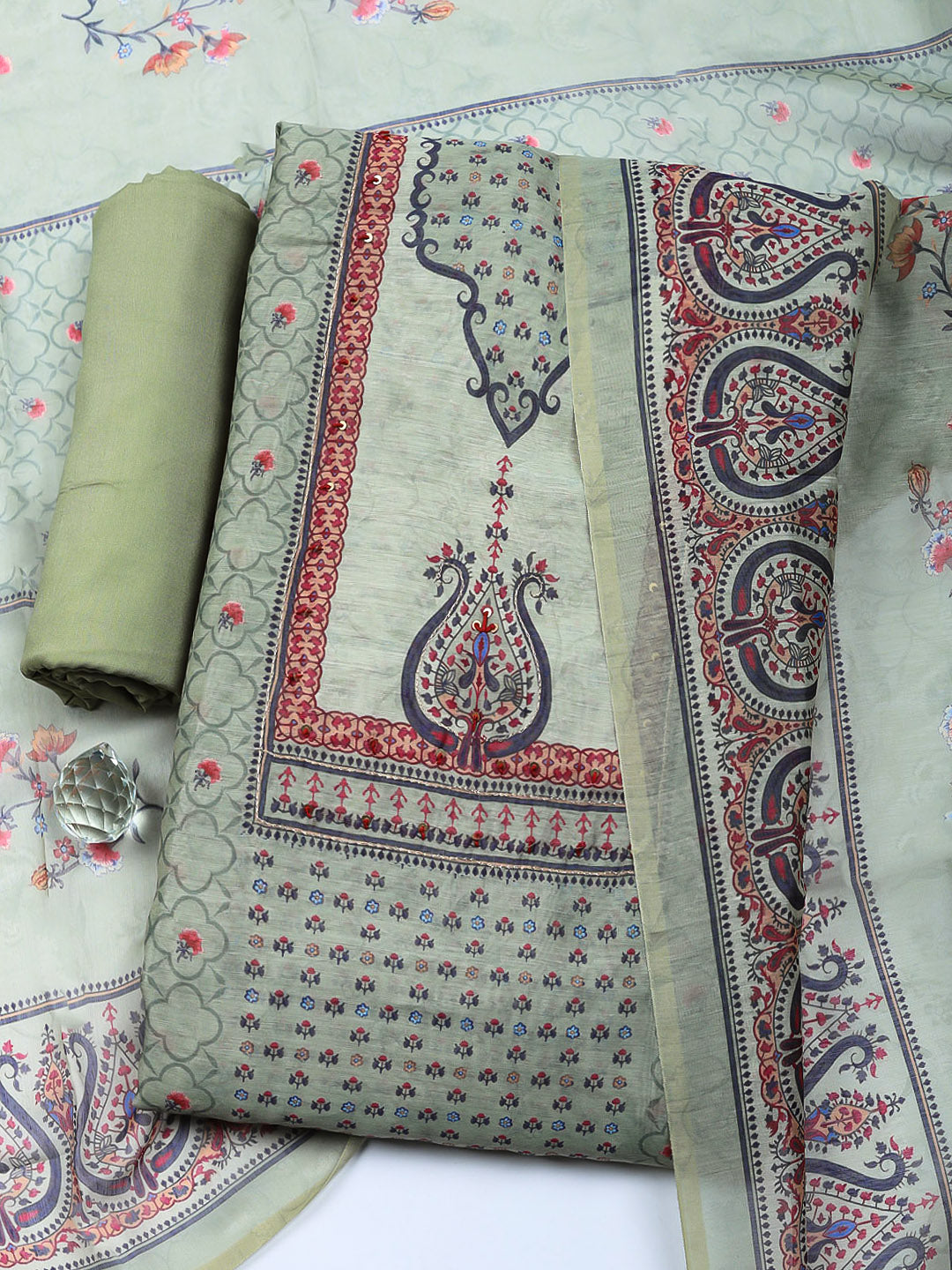Embellished Chanderi Unstitched Suit With Pant &amp; Dupatta