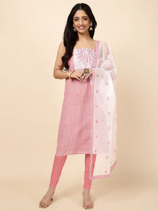 Patch Neck Cotton Blend Unstitched Suit With Dupatta