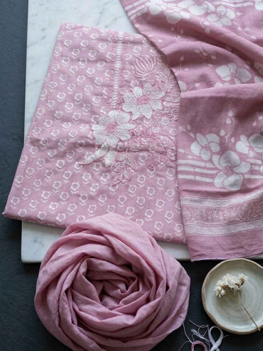 Printed Cotton Blend Unstitched Suit With Pant &amp; Dupatta