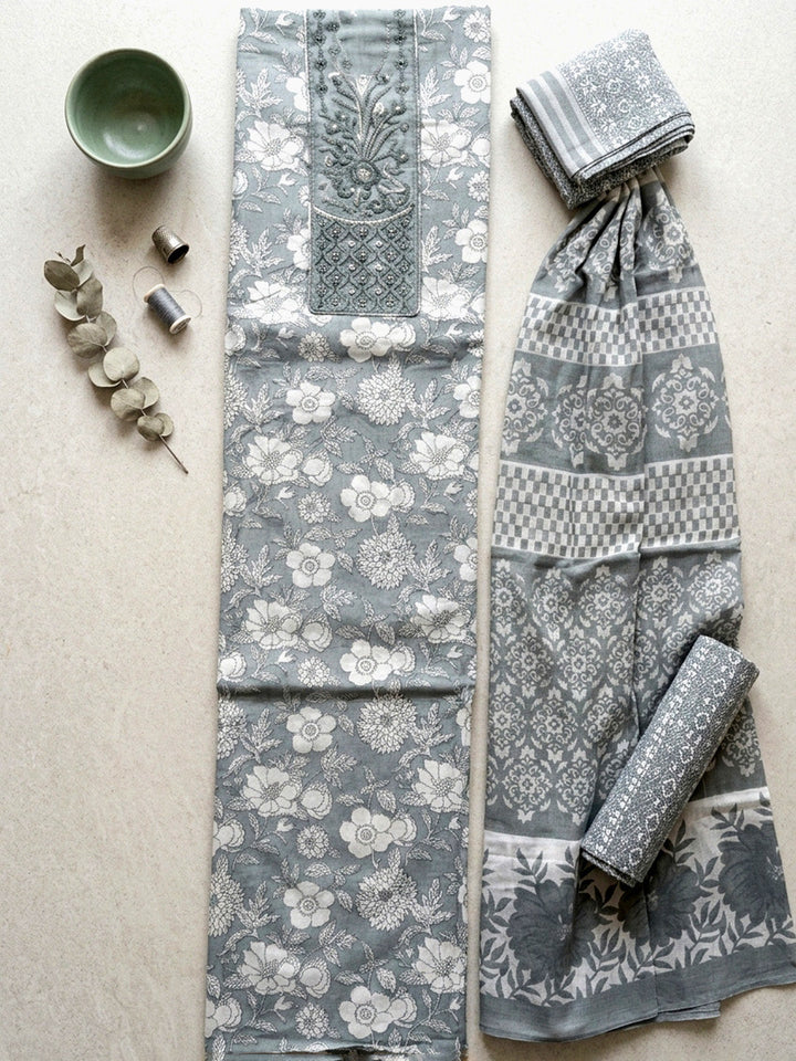 Printed Cotton Blend Unstitched Suit With Pant &amp; Dupatta