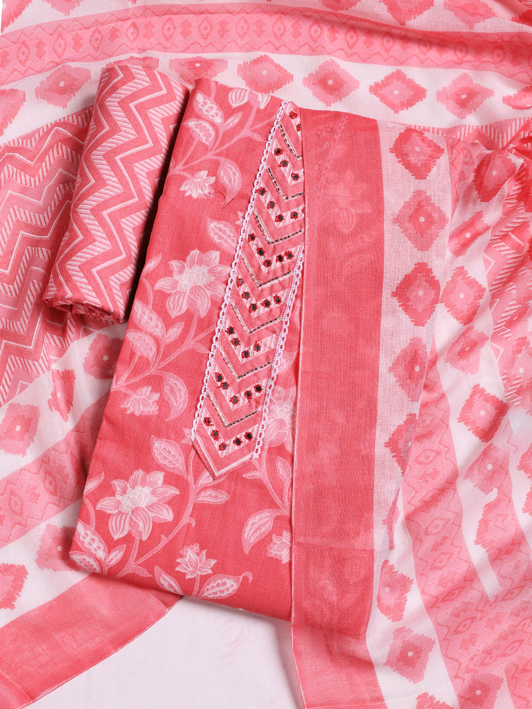Printed Cotton Blend Unstitched Suit With Dupatta