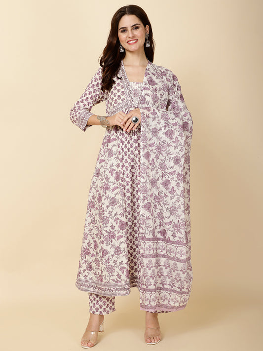 Block Print Cotton Suit Set With Dupatta