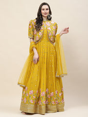 Floral Sequin Embroidery Georgette Kurta With Jacket & Dupatta