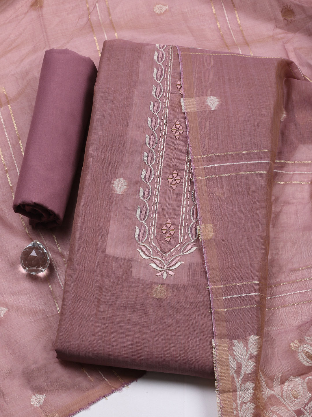 Embroidered Chanderi Unstitched Suit With Pant &amp; Dupatta