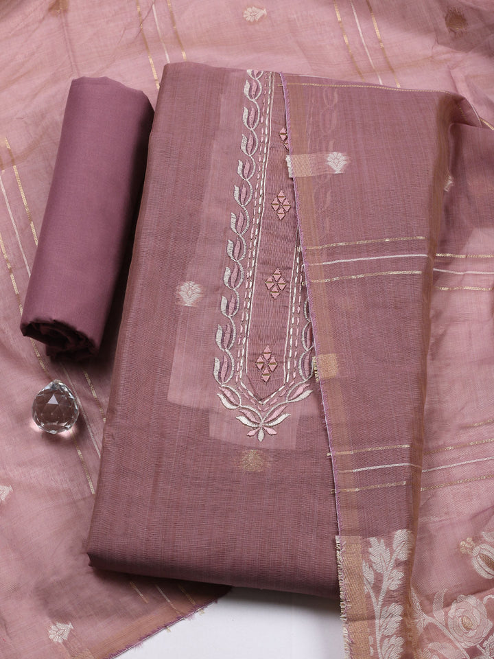 Embroidered Chanderi Unstitched Suit With Pant &amp; Dupatta