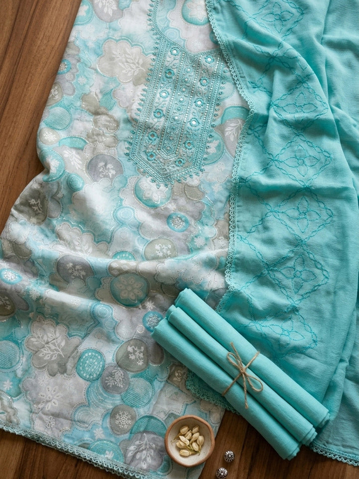 Embroidered Cotton Blend Unstitched Suit With Pant &amp; Dupatta