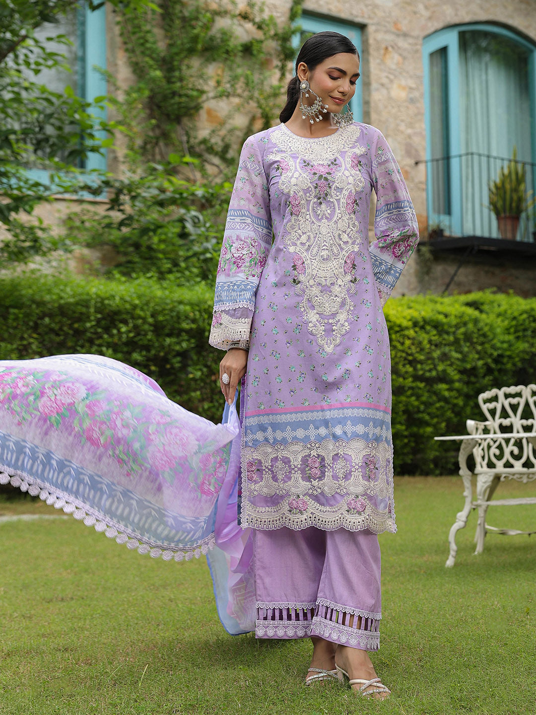 Neck Embroidery Cotton Blend Kurta With Pants &amp; Dupatta