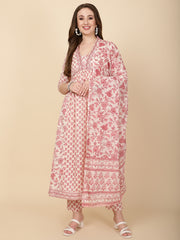 Floral Printed Cotton Kurta With Pants & Dupatta