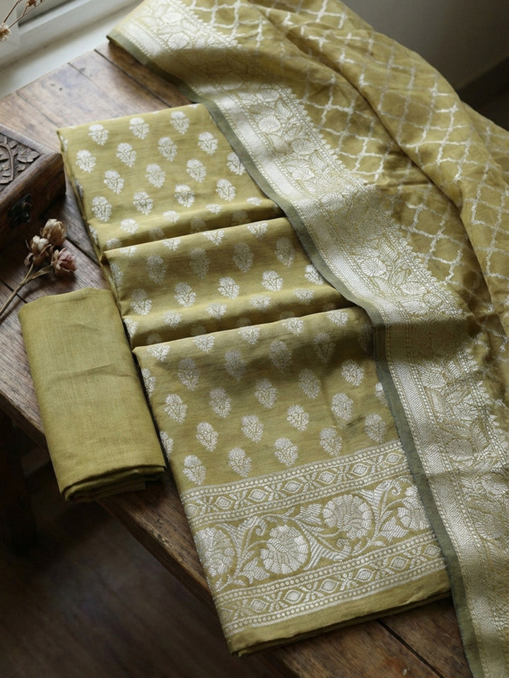 Banarasi Chanderi Unstitched Suit With Pant &amp; Dupatta