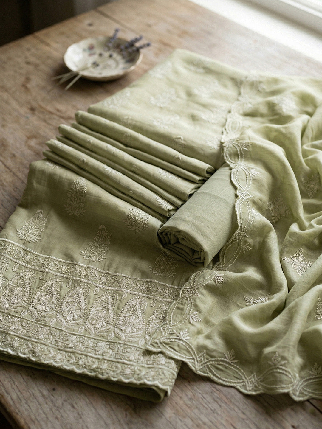 Embroidered Chanderi Unstitched Suit With Pant &amp; Dupatta