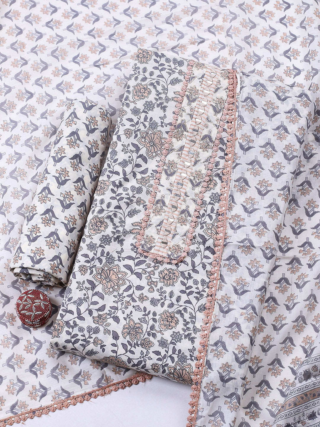 Embellished Cotton Blend Unstitched Suit With Pant &amp; Dupatta