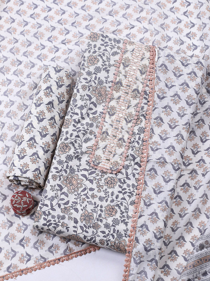 Embellished Cotton Blend Unstitched Suit With Pant &amp; Dupatta