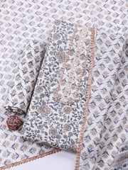 Embellished Cotton Blend Unstitched Suit With Pant & Dupatta