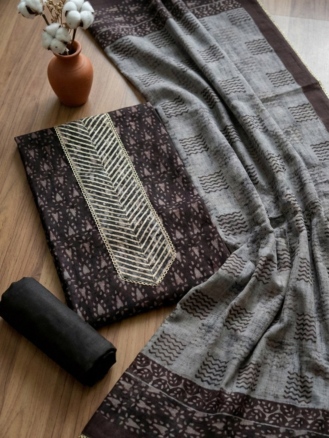 Printed Cotton Blend Unstitched Suit With Pant &amp; Dupatta