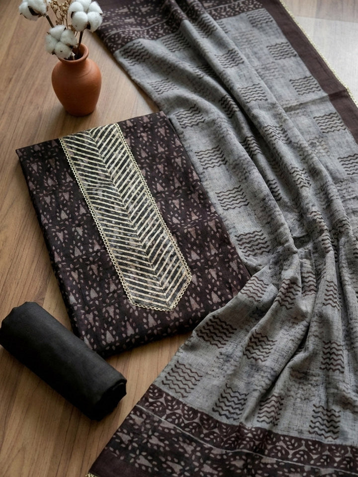 Printed Cotton Blend Unstitched Suit With Pant &amp; Dupatta