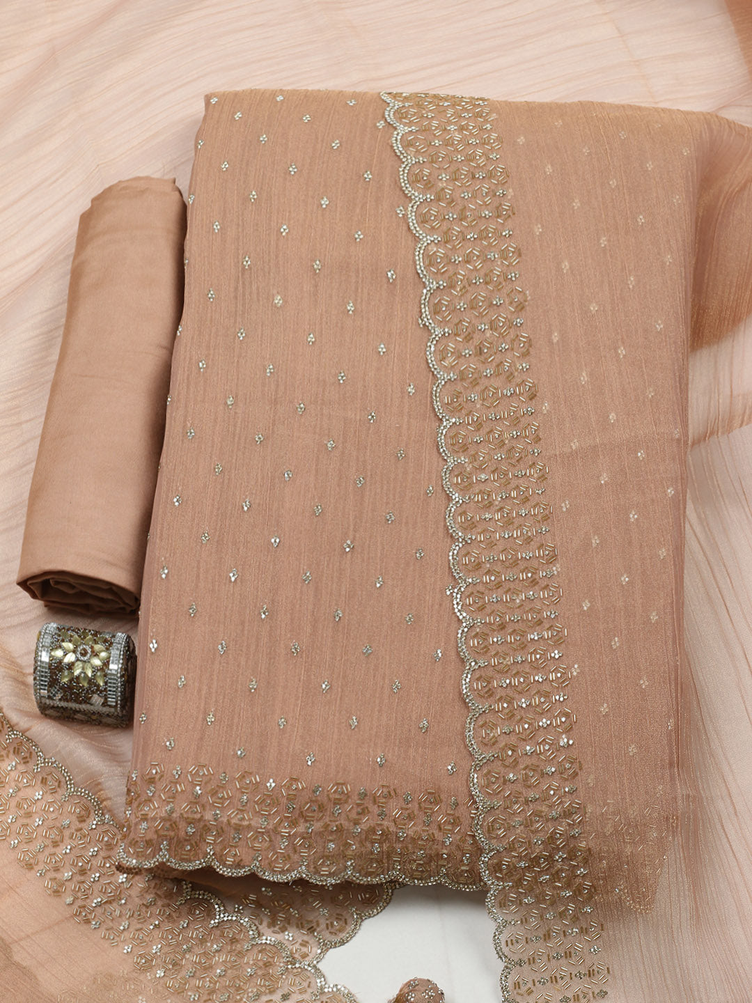 Embellished Tissue Unstitched Suit With Pant &amp; Dupatta