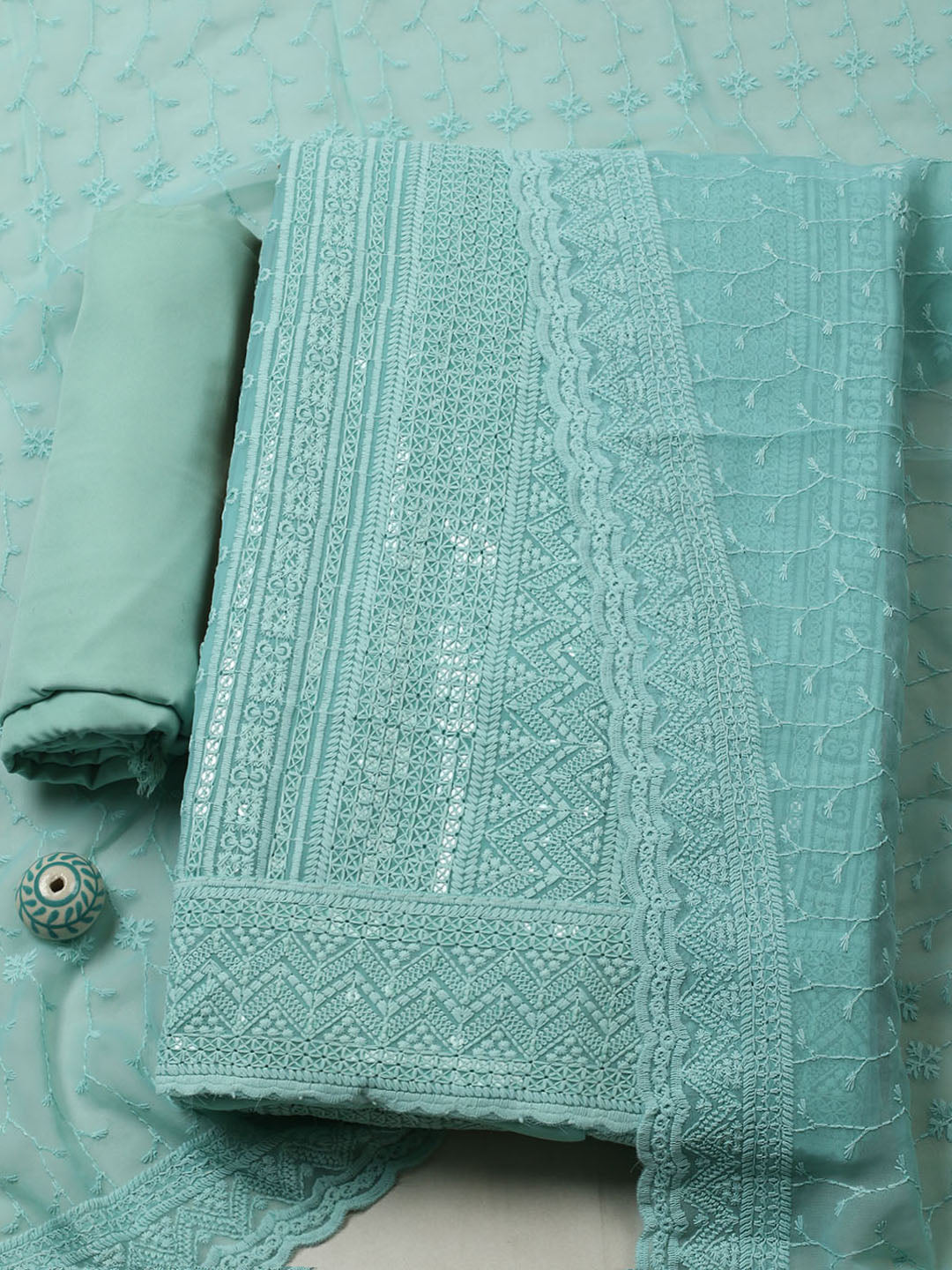 Embroidered Georgette Unstitched Suit With Pant &amp; Dupatta