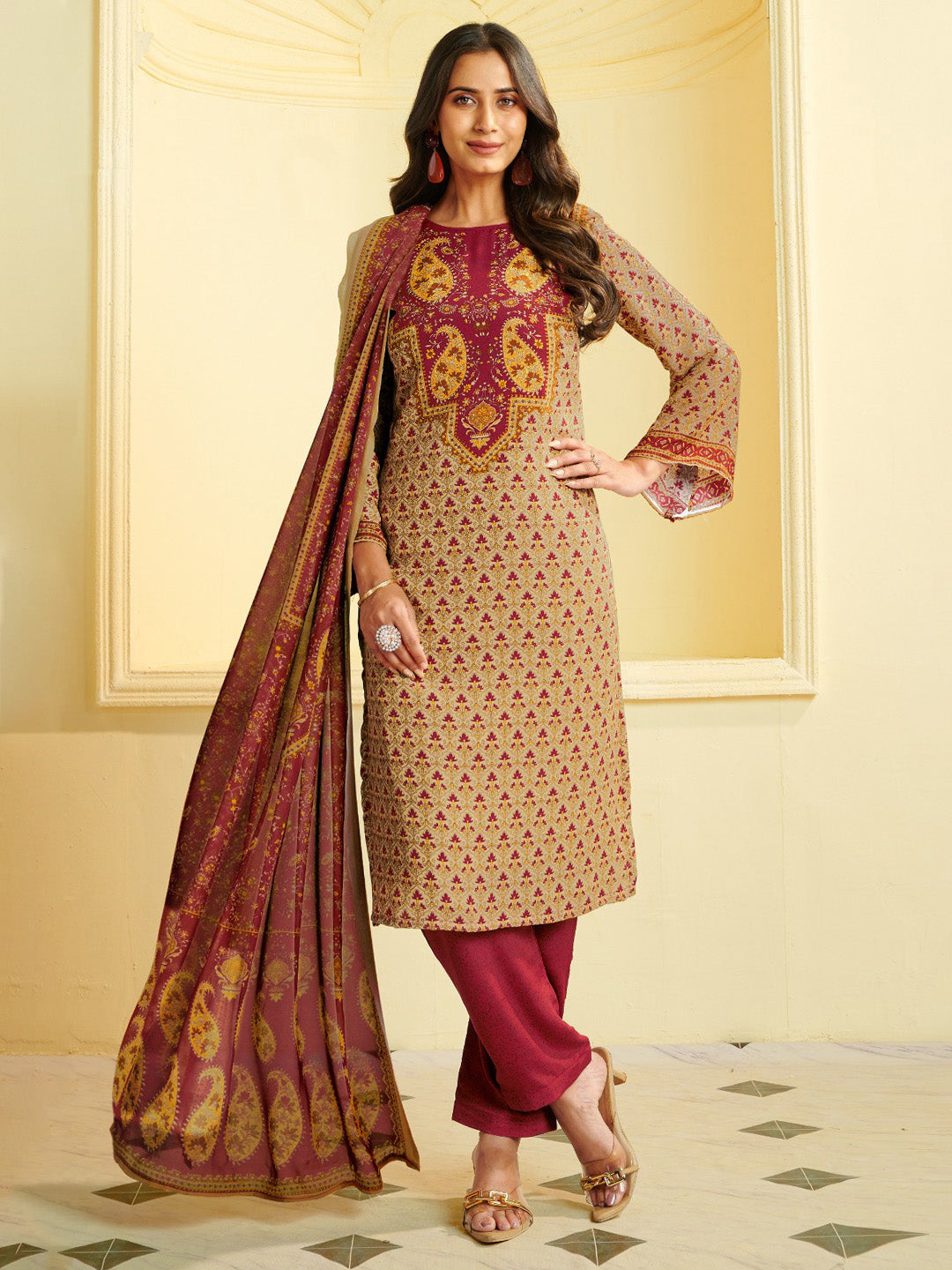 Printed Crepe Unstitched Suit With Pant &amp; Dupatta