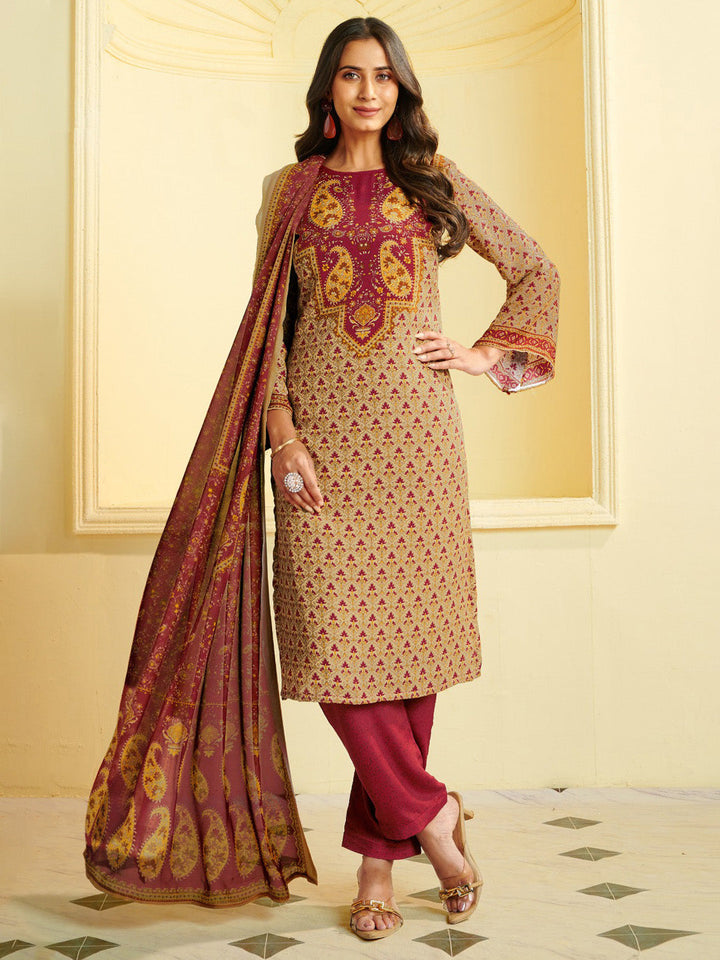 Printed Crepe Unstitched Suit With Pant &amp; Dupatta