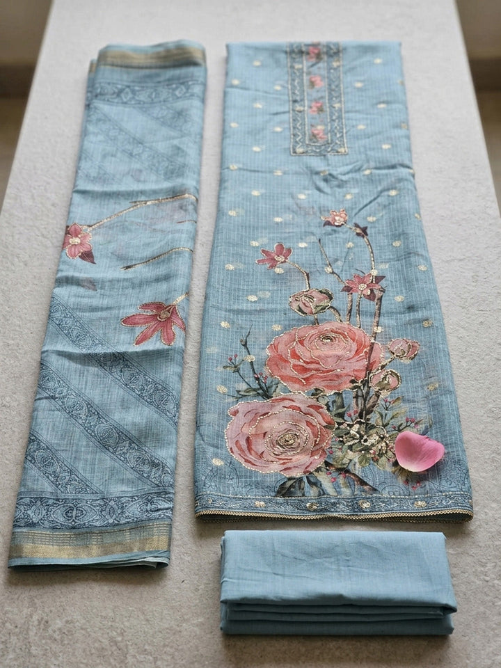 Embroidered Cotton Blend Unstitched Suit With Pant &amp; Dupatta