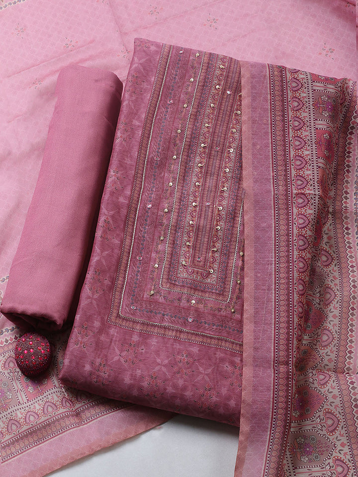 Embellished Chanderi Unstitched Suit With Pant &amp; Dupatta