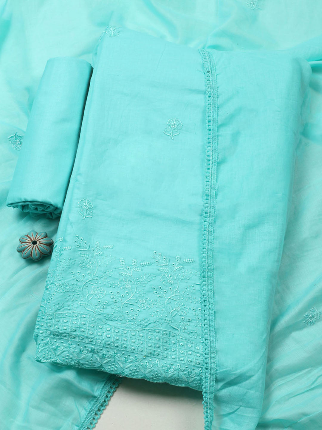 Embroidered Chanderi Unstitched Suit With Pant &amp; Dupatta