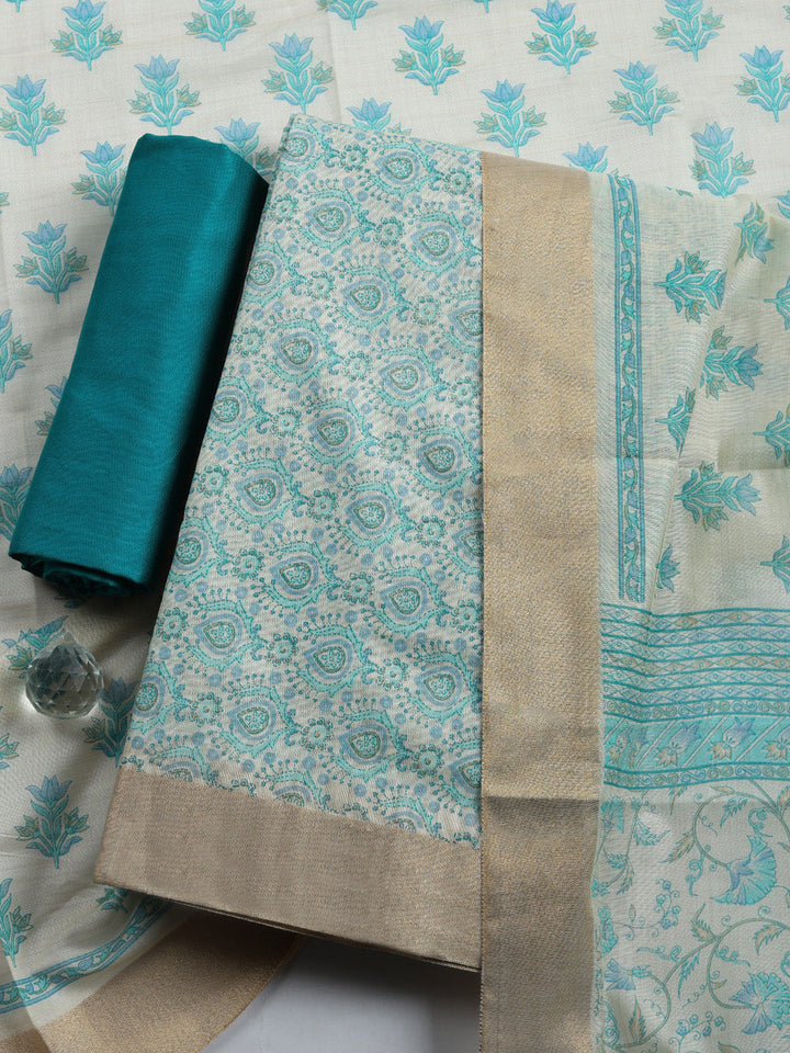 Printed, Chanderi Unstitched Suit With Pant &amp; Dupatta