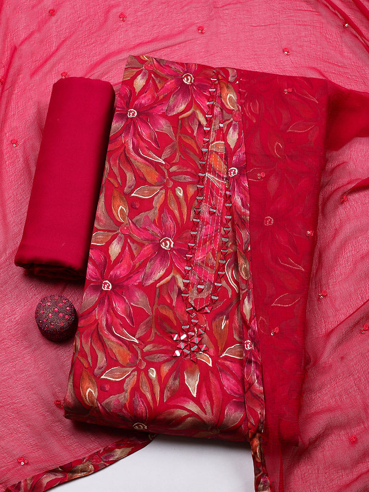 Embroidered Cotton Blend Unstitched Suit With Pant &amp; Dupatta