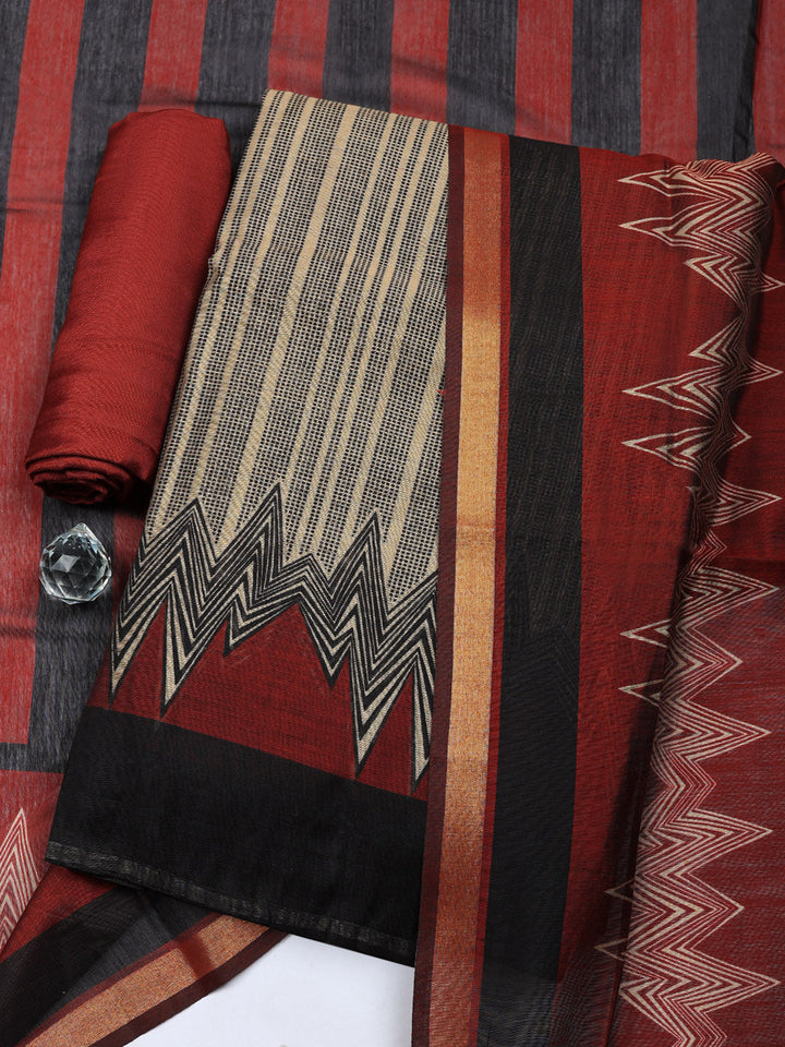 Printed Chanderi Unstitched Suit With Pant &amp; Dupatta