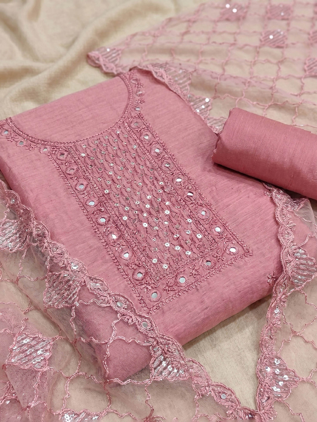 Neck Embroidered Chanderi Unstitched Suit With Dupatta