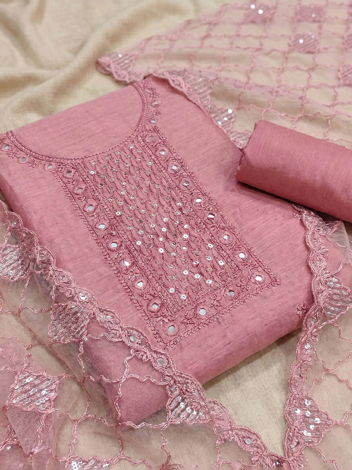 Neck Embroidered Chanderi Unstitched Suit With Dupatta