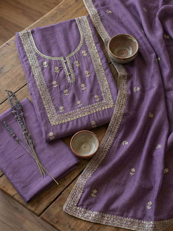 Embroidered Cotton Blend Unstitched Suit With Pant &amp; Dupatta