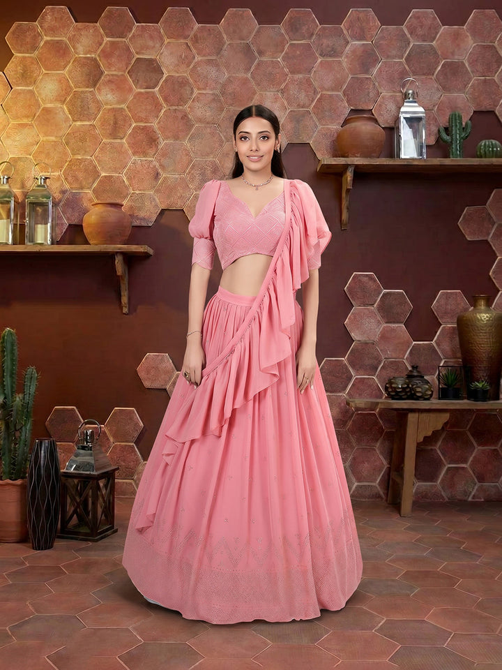 Pink Embroidered Georgette Semi Stitched Kurta Choli With Lehenga &amp; Dupatta