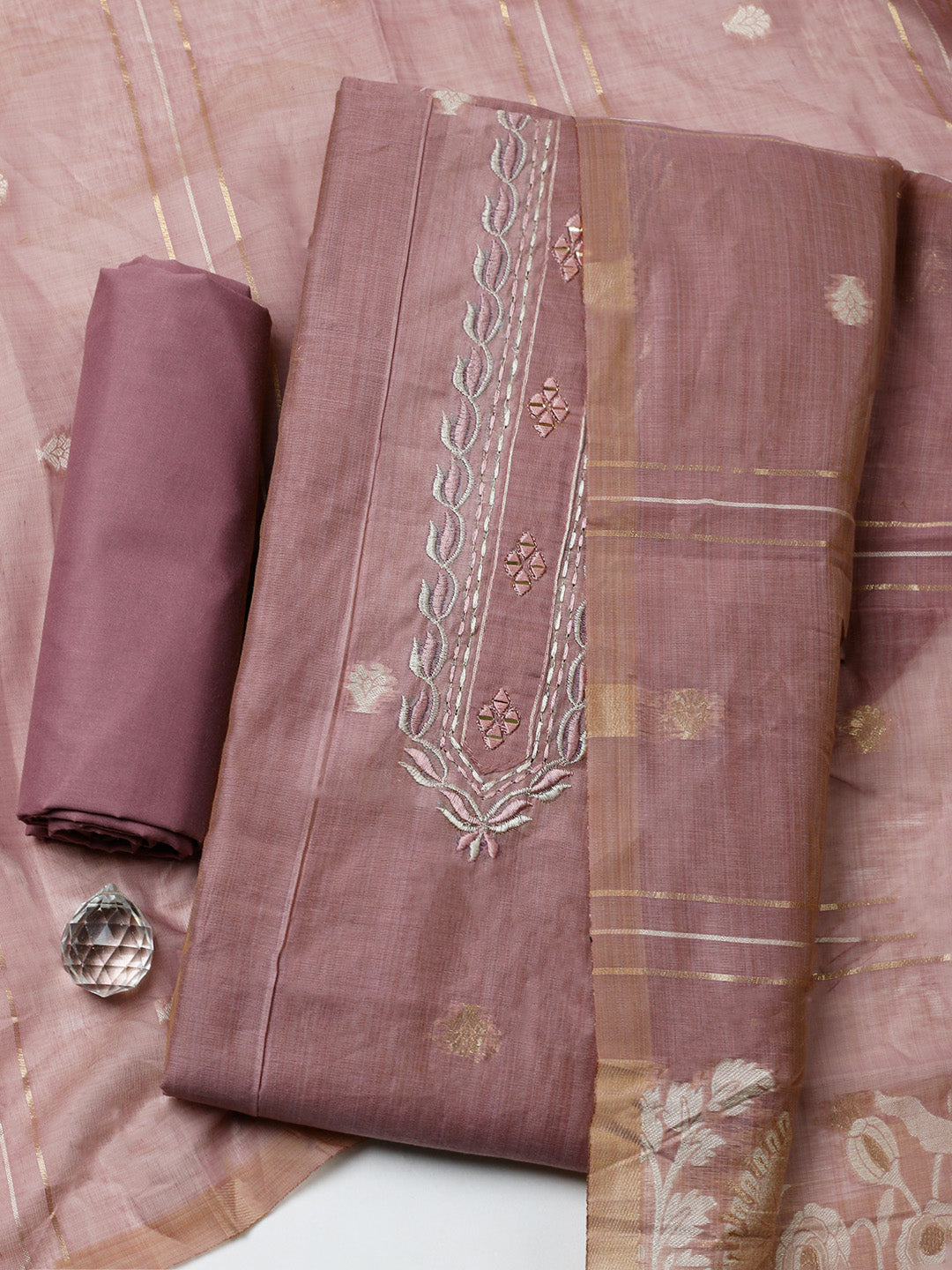 Embroidered Cotton Blend Unstitched Suit With Pant &amp; Dupatta
