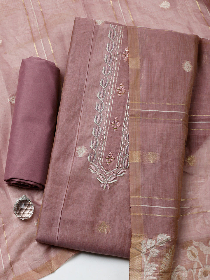 Embroidered Cotton Blend Unstitched Suit With Pant &amp; Dupatta