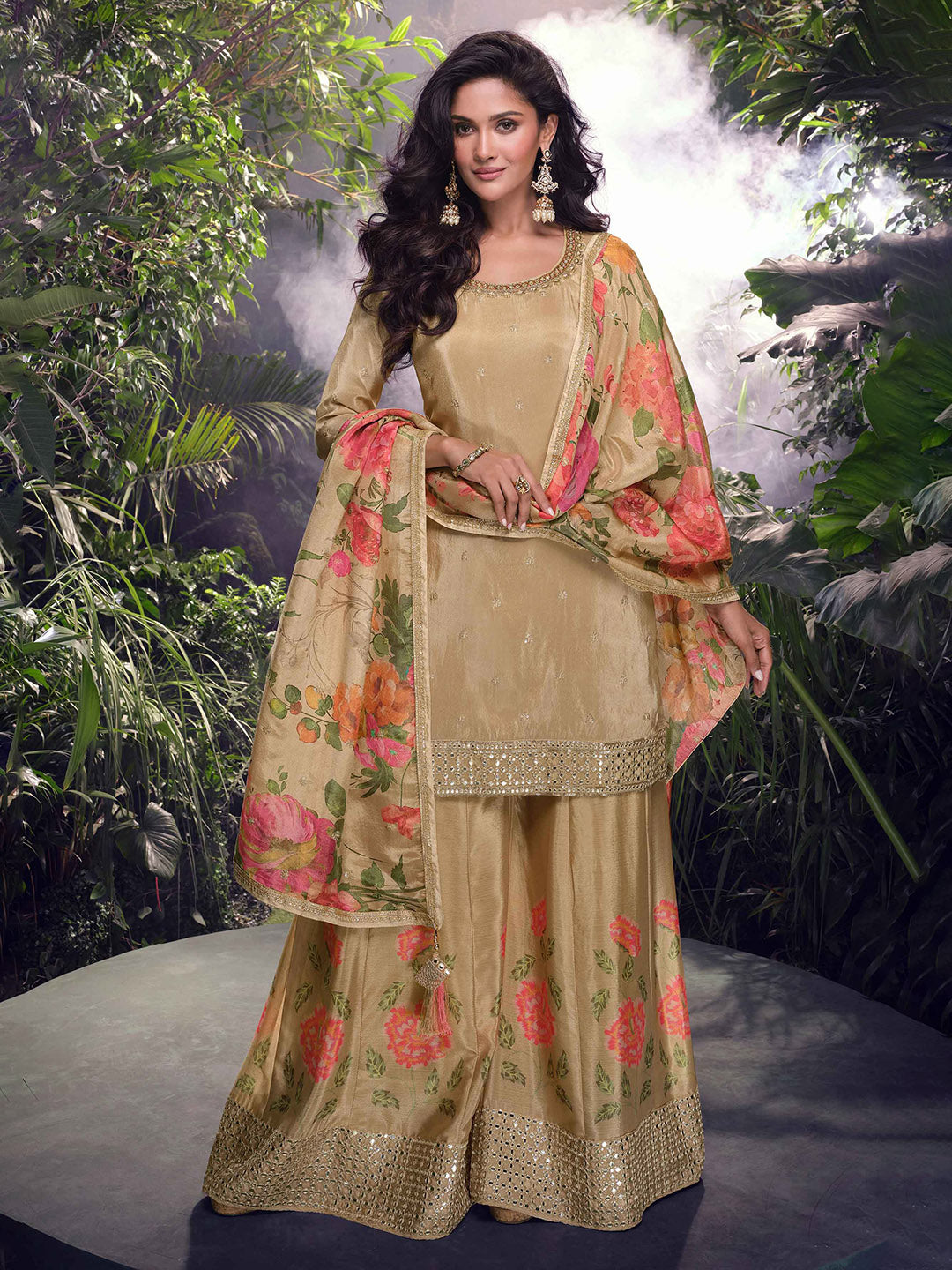 Embroidered Chinon Suit With Plazzo &amp; Dupatta