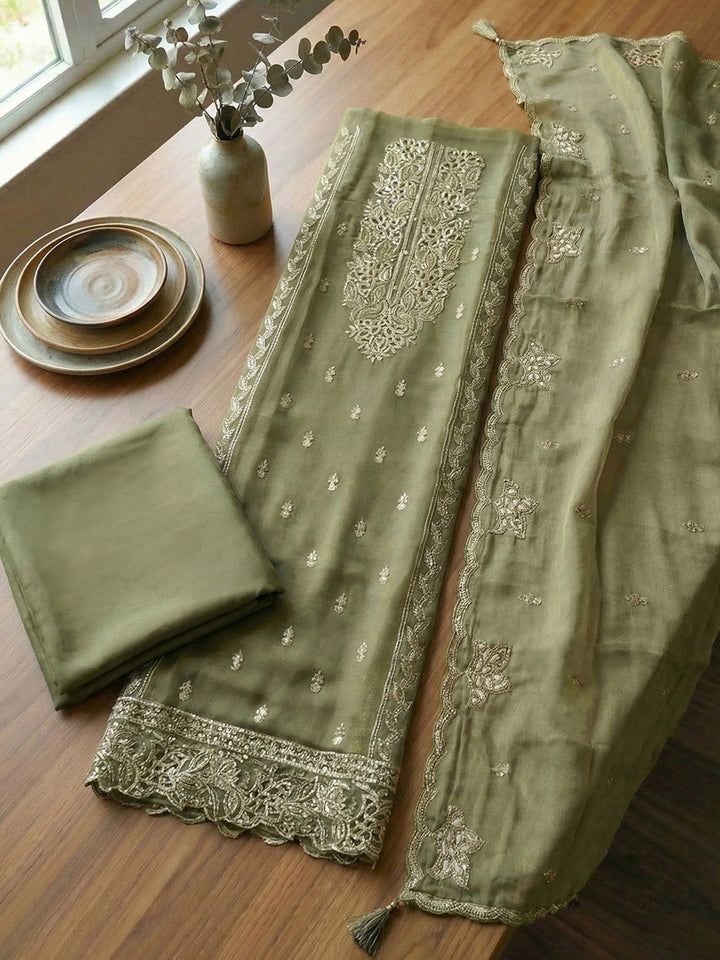 Embroidered Tissue Unstitched Suit With Pant &amp; Dupatta