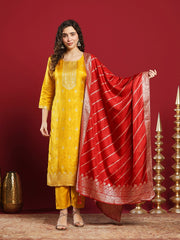 Embroidered Cotton Kurta With Pant & Dupatta