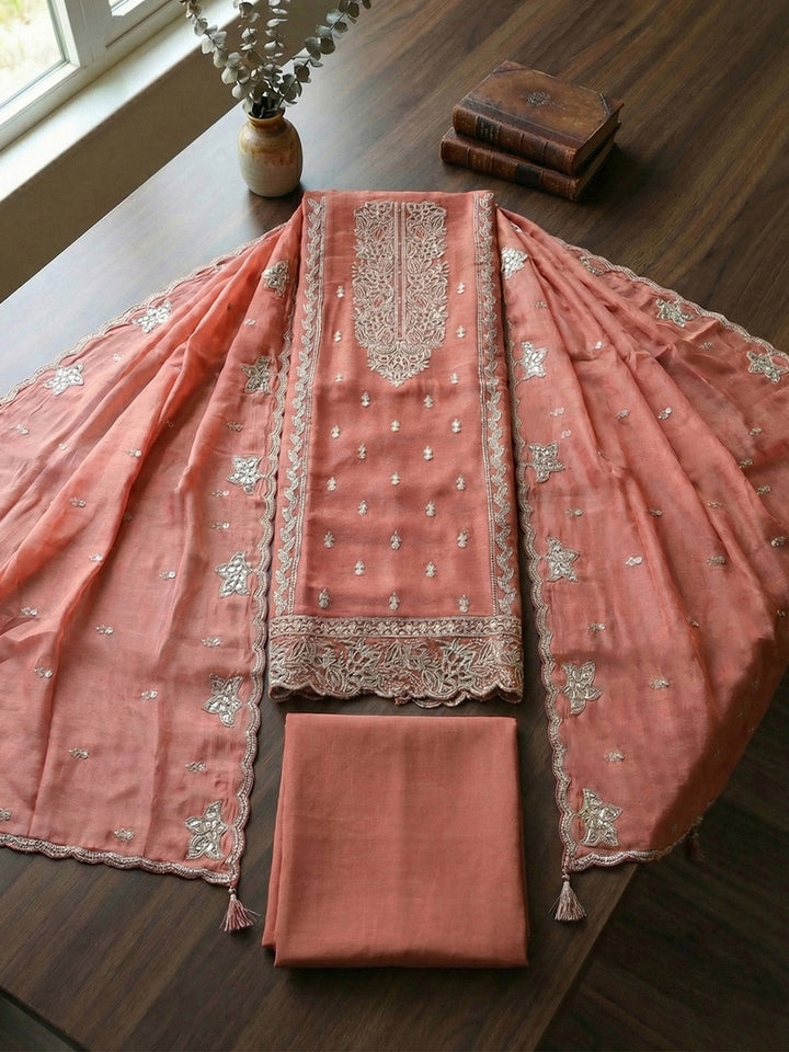 Embroidered Tissue Unstitched Suit With Pant &amp; Dupatta