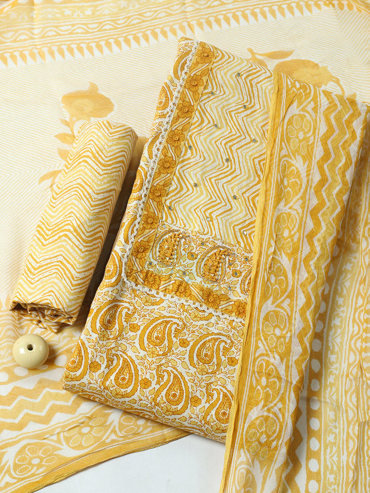 Embroidered Cotton Blend Unstitched Suit With Pant &amp; Dupatta