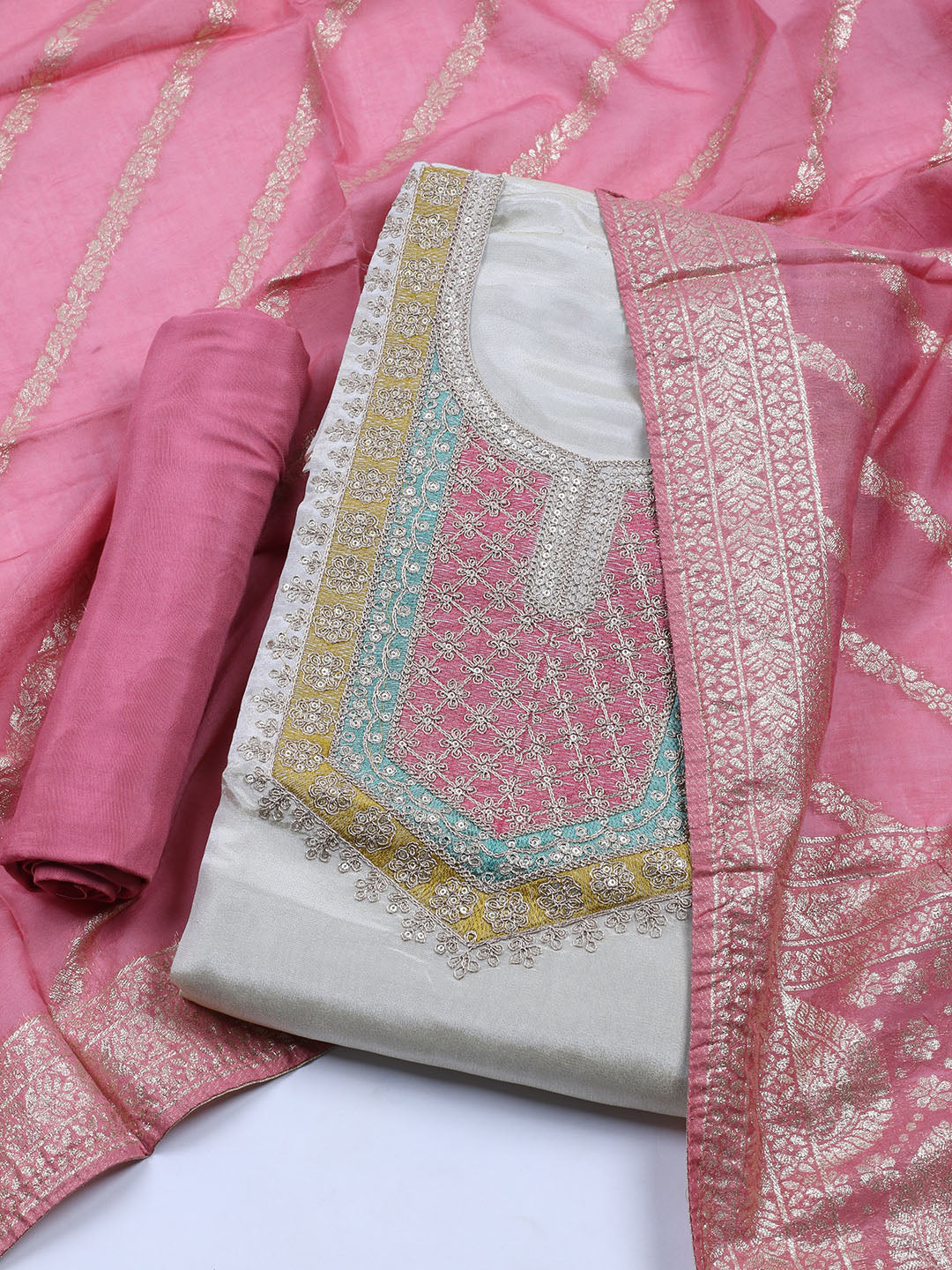 Neck Embroidered Tissue Unstitched Suit Piece With Dupatta