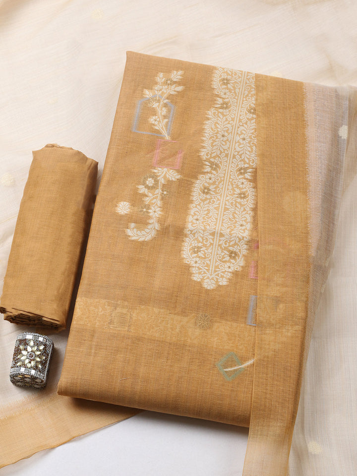 Printed Chanderi Unstitched Suit With Pant &amp; Dupatta