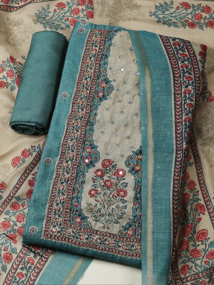 Printed Chanderi Unstitched Suit With Pant &amp; Dupatta
